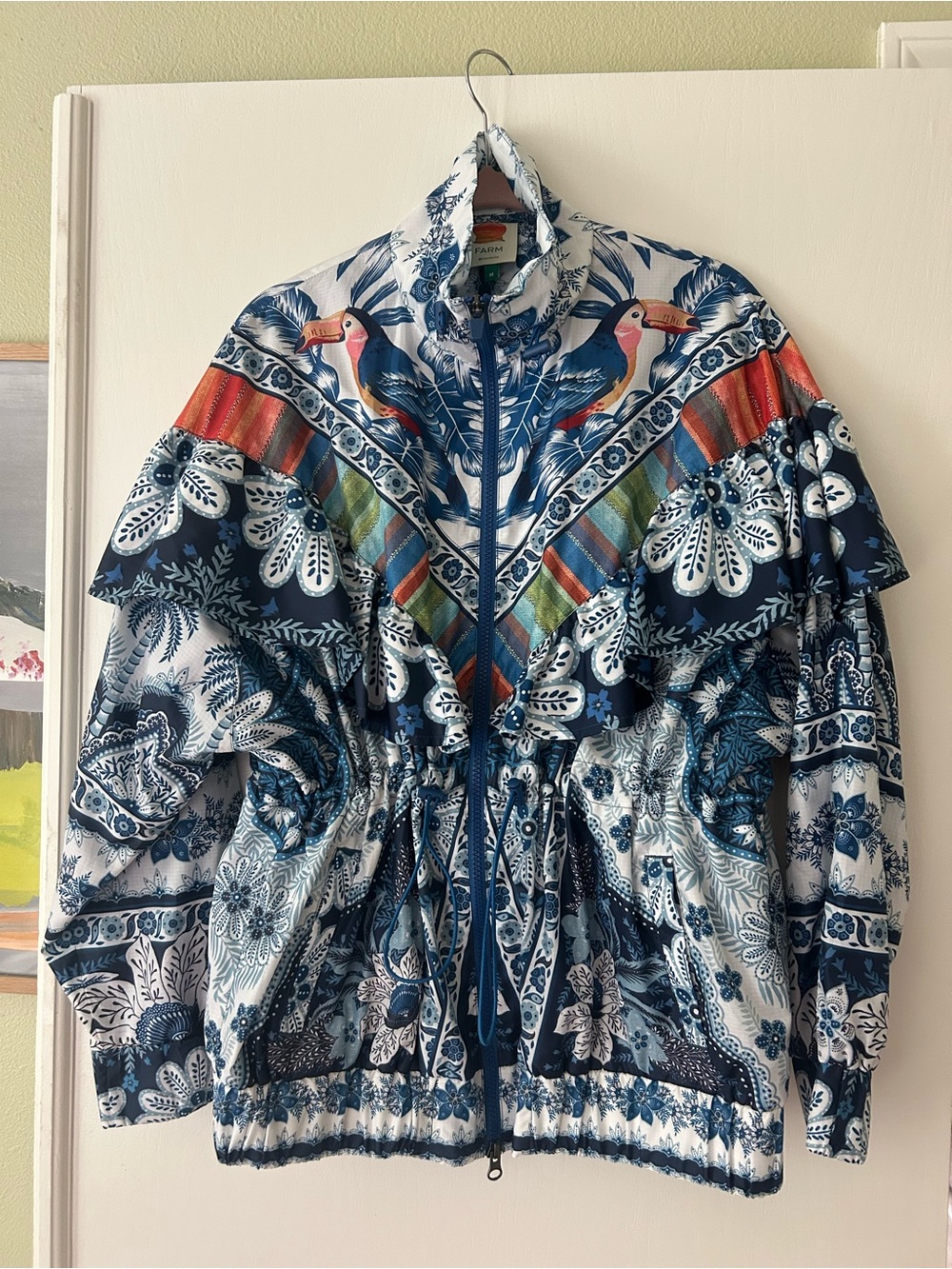 FARM Rio Navy Multi Tropical Print Bomber Jacket!!